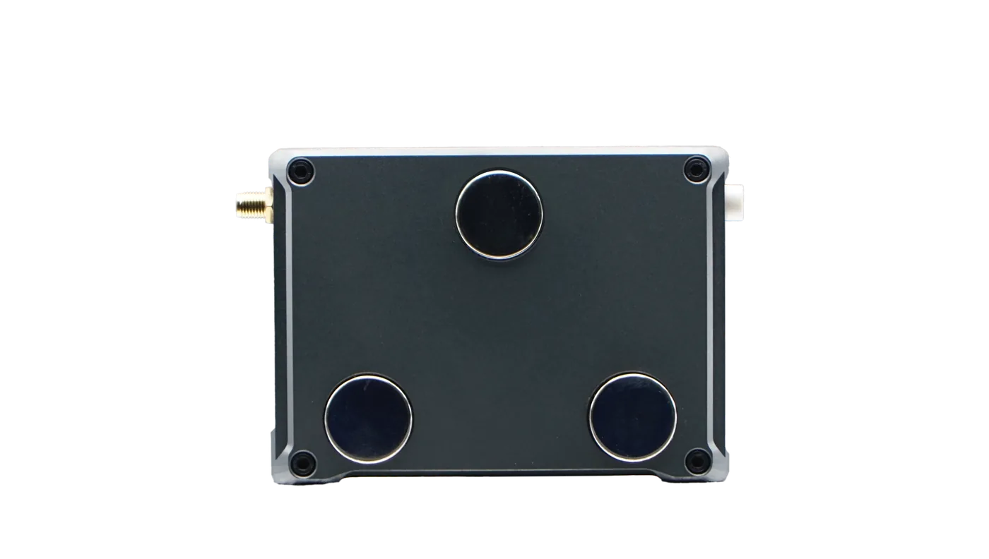 Rear of the Micro DNC 2D with its three round mounting pads and aluminium housing