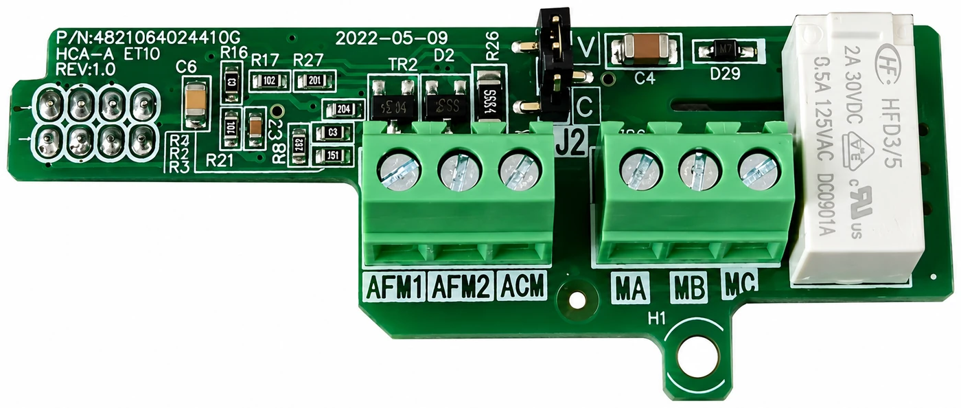 Card mở rộng HCA-A-ETIO-AOMC1 — mạch in với hàng terminal AFM1, AFM2, ACM, MA, MB, MC, jumper J2 và relay