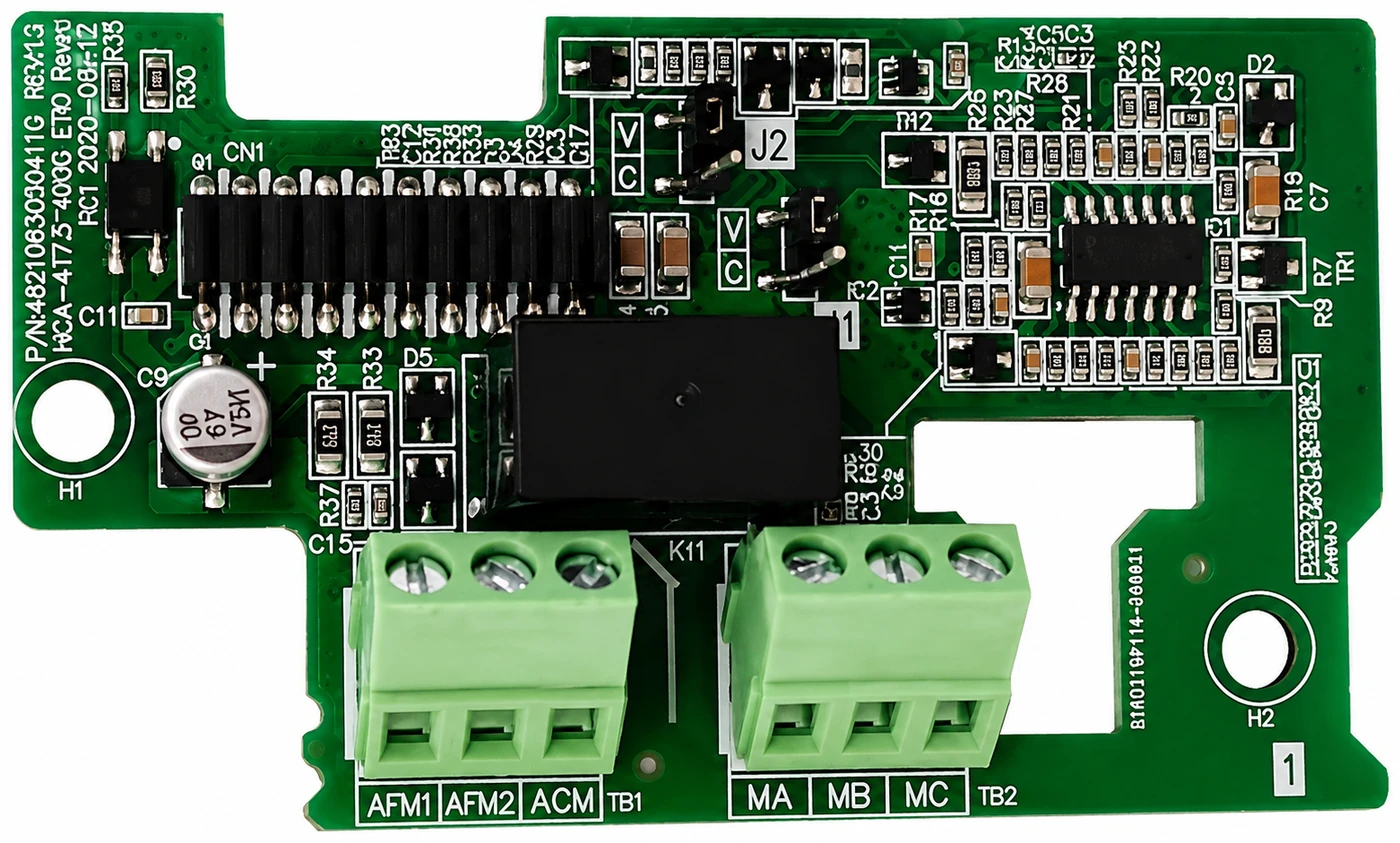 Card mở rộng HCA-B-ETIO-AOMC1 — mạch in với đầu cắm CN1, jumper J1/J2 và hai hàng terminal TB1 (AFM1, AFM2, ACM) và TB2 (MA, MB, MC)