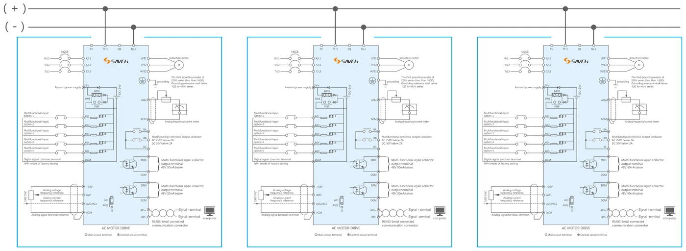 S3100A/E — sơ đồ ba biến tần đấu chung thanh cái DC (+) và (−)