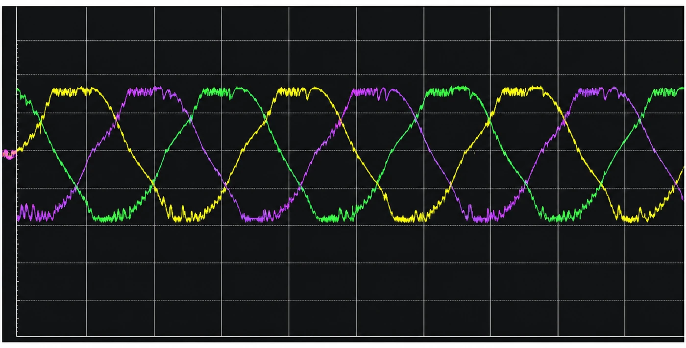 S3100A/E — dạng sóng dòng ba pha đo trên oscilloscope khi bật giới hạn dòng nhanh