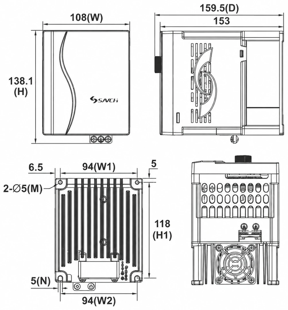 S3100A/E Size 1 — bản vẽ kích thước mặt trước, mặt bên và mặt đáy