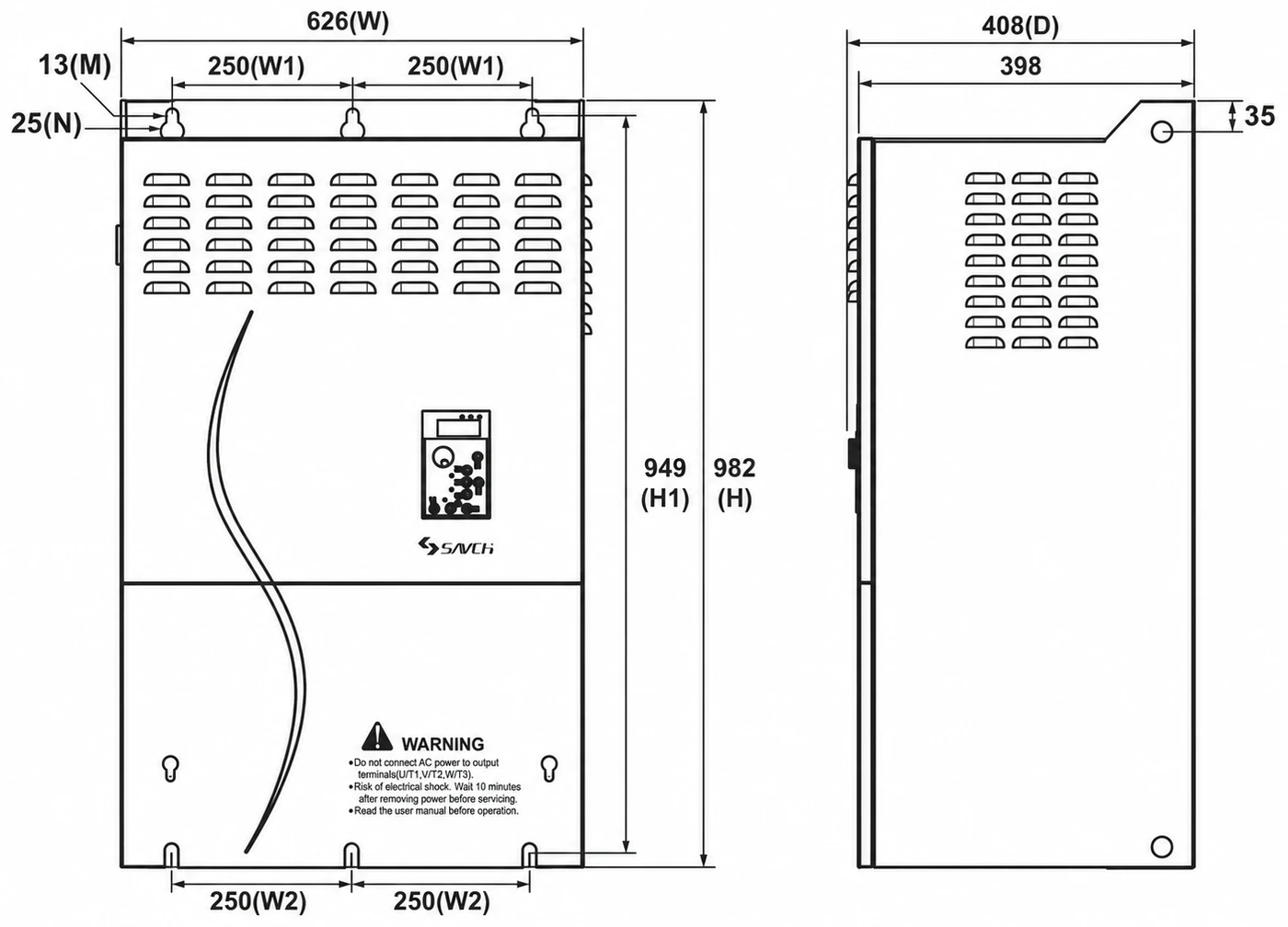 S3100A/E Size 11 — bản vẽ kích thước mặt trước, mặt bên và mặt đáy