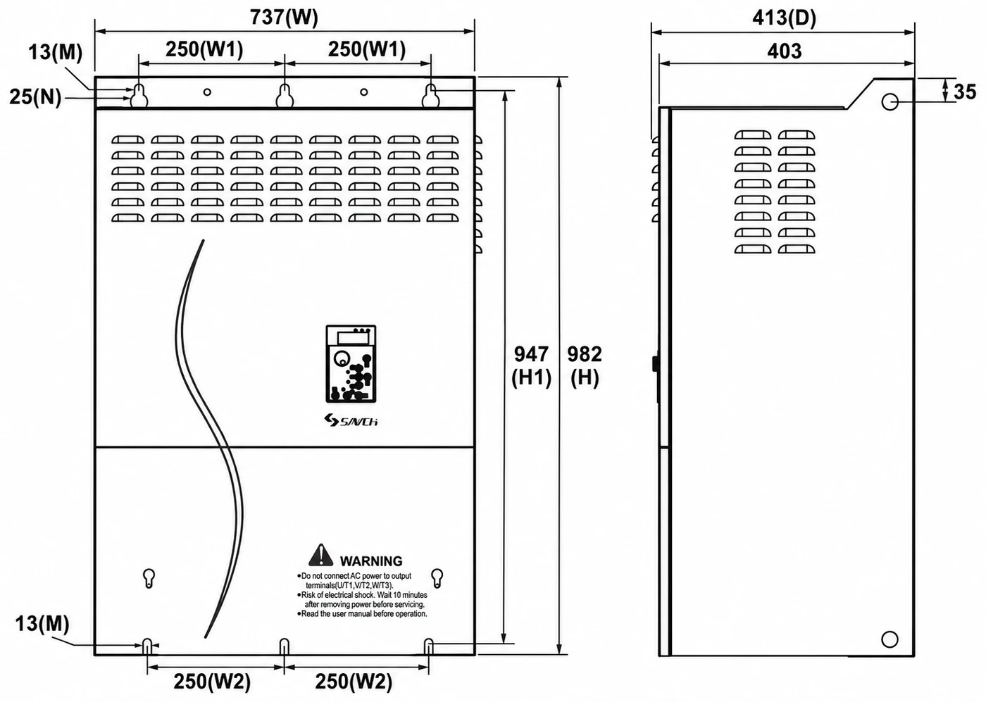 S3100A/E Size 12 — bản vẽ kích thước mặt trước, mặt bên và mặt đáy