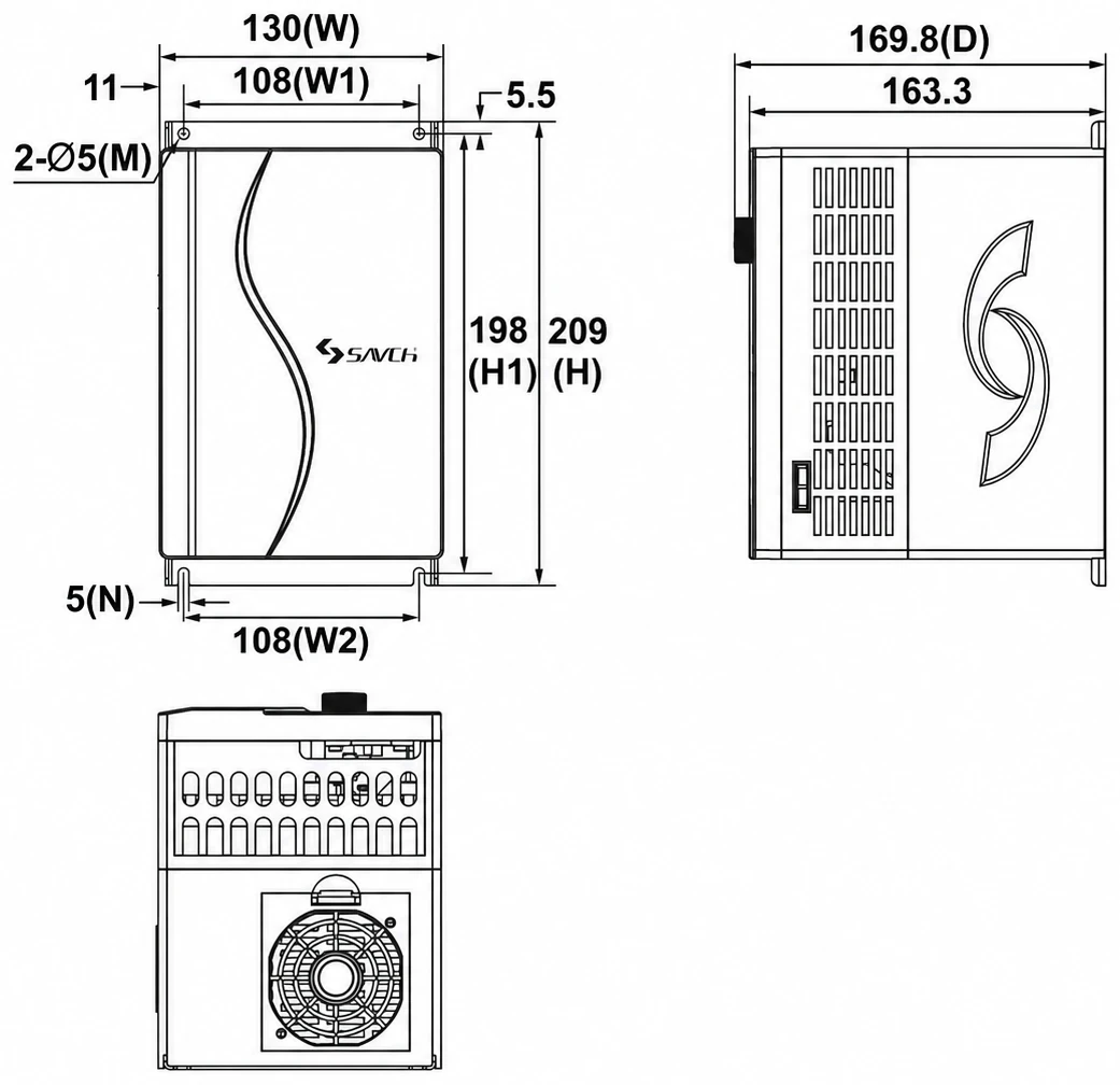 S3100A/E Size 2 — bản vẽ kích thước mặt trước, mặt bên và mặt đáy