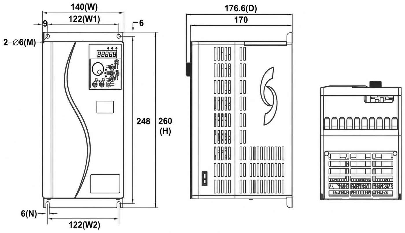 S3100A/E Size 3 — bản vẽ kích thước mặt trước, mặt bên và mặt đáy