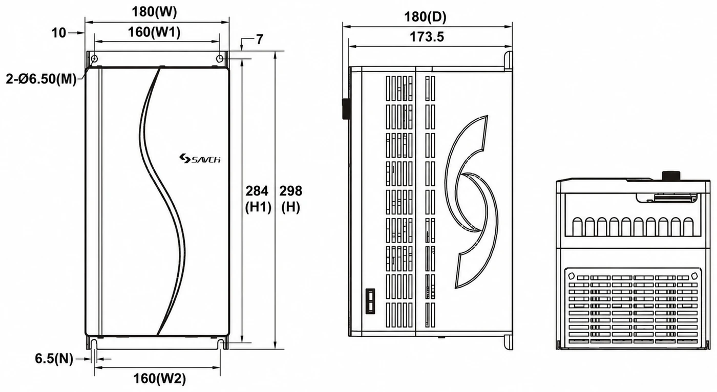 S3100A/E Size 4 — bản vẽ kích thước mặt trước, mặt bên và mặt đáy