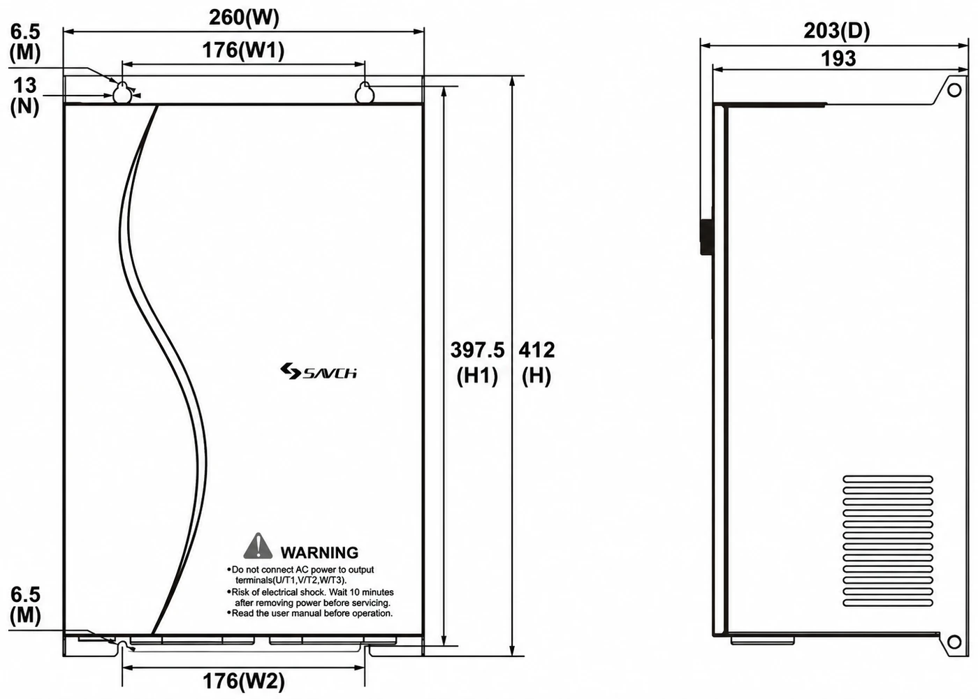 S3100A/E Size 5 — bản vẽ kích thước mặt trước, mặt bên và mặt đáy