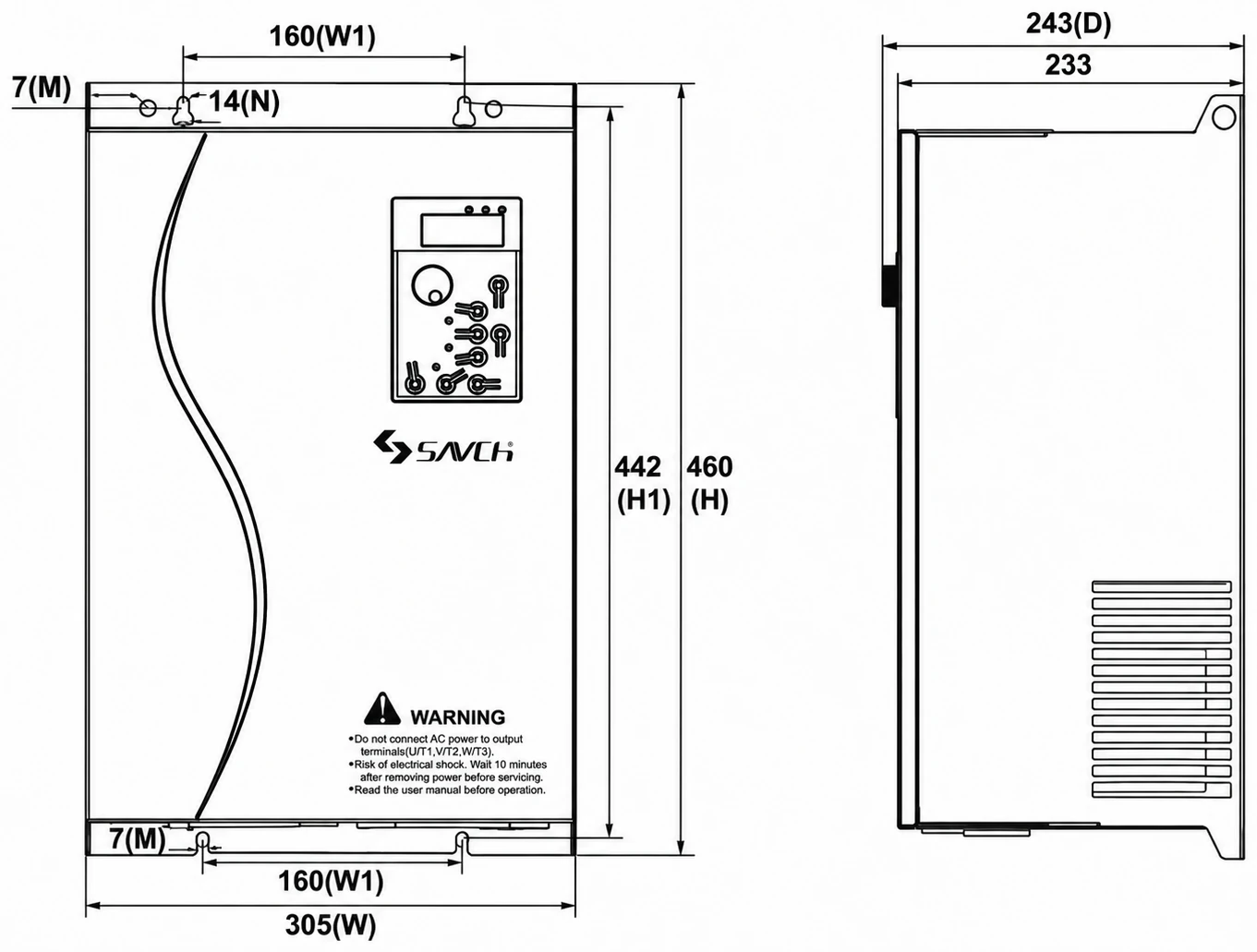 S3100A/E Size 6 — bản vẽ kích thước mặt trước, mặt bên và mặt đáy