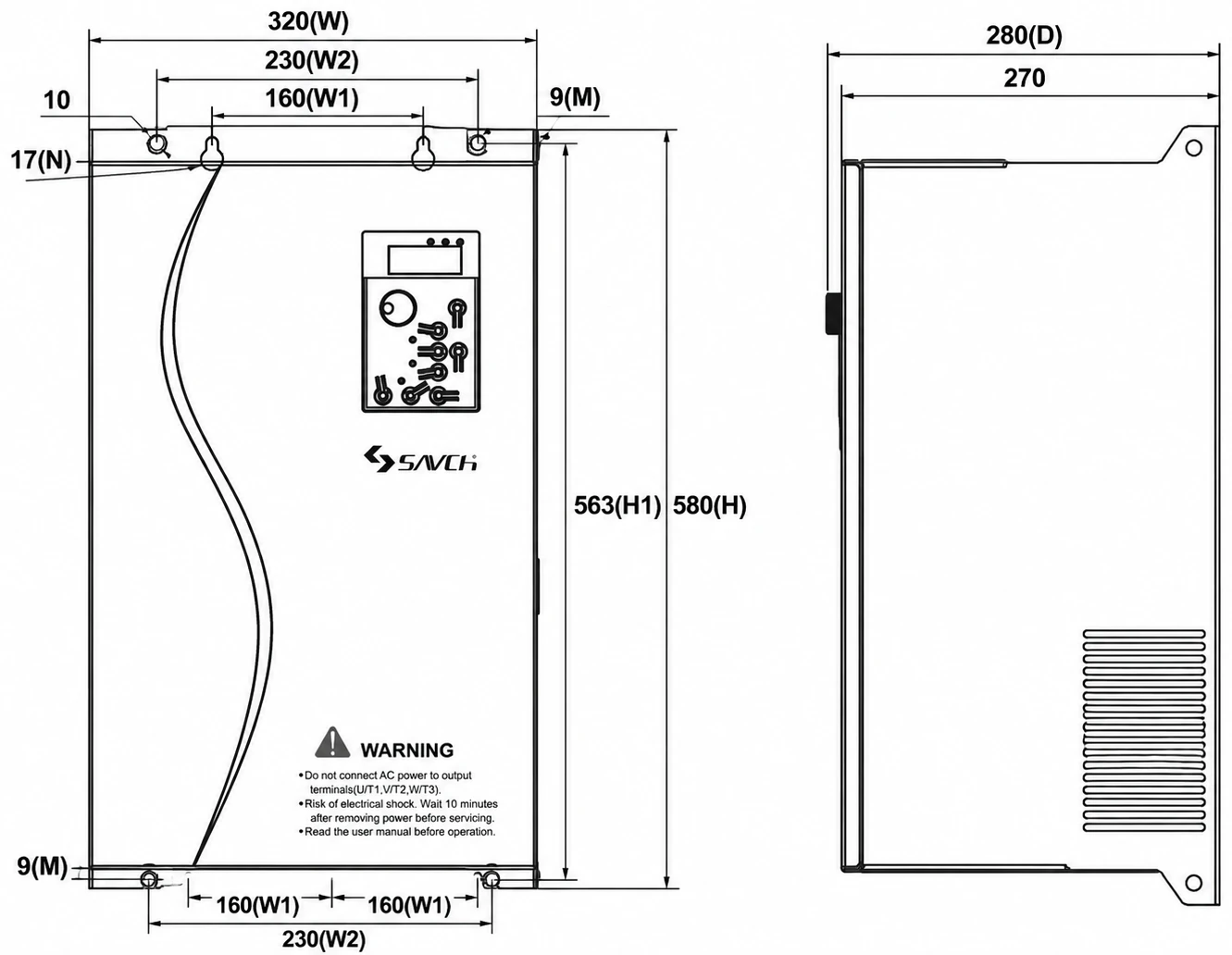 S3100A/E Size 7 — bản vẽ kích thước mặt trước, mặt bên và mặt đáy