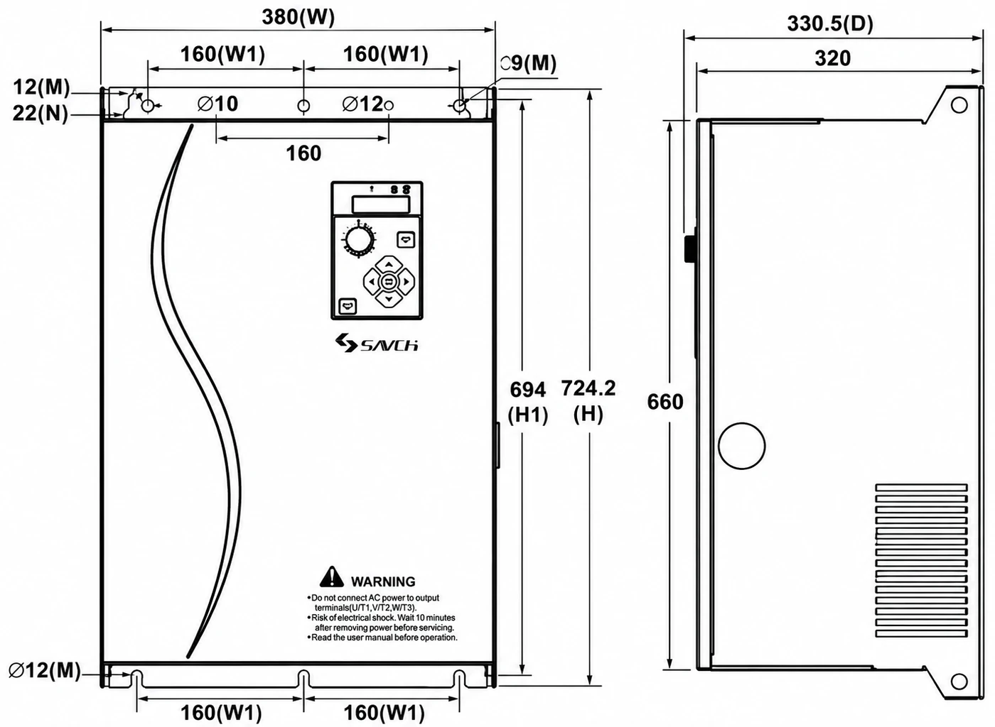S3100A/E Size 8 — bản vẽ kích thước mặt trước, mặt bên và mặt đáy