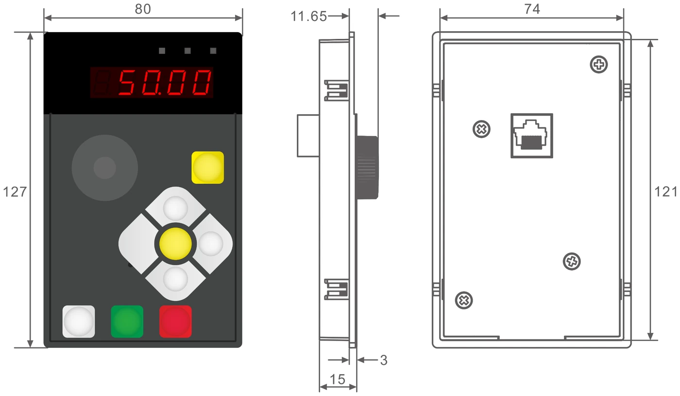 Bàn phím HCA-OP-B2 — mặt trước, mặt cạnh và mặt sau