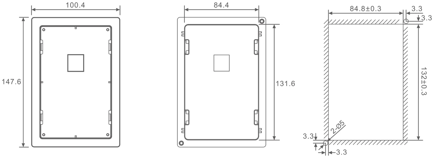 Đế gá bàn phím cho biến tần từ 22 kW — mặt trước, mặt sau và kích thước lỗ khoét