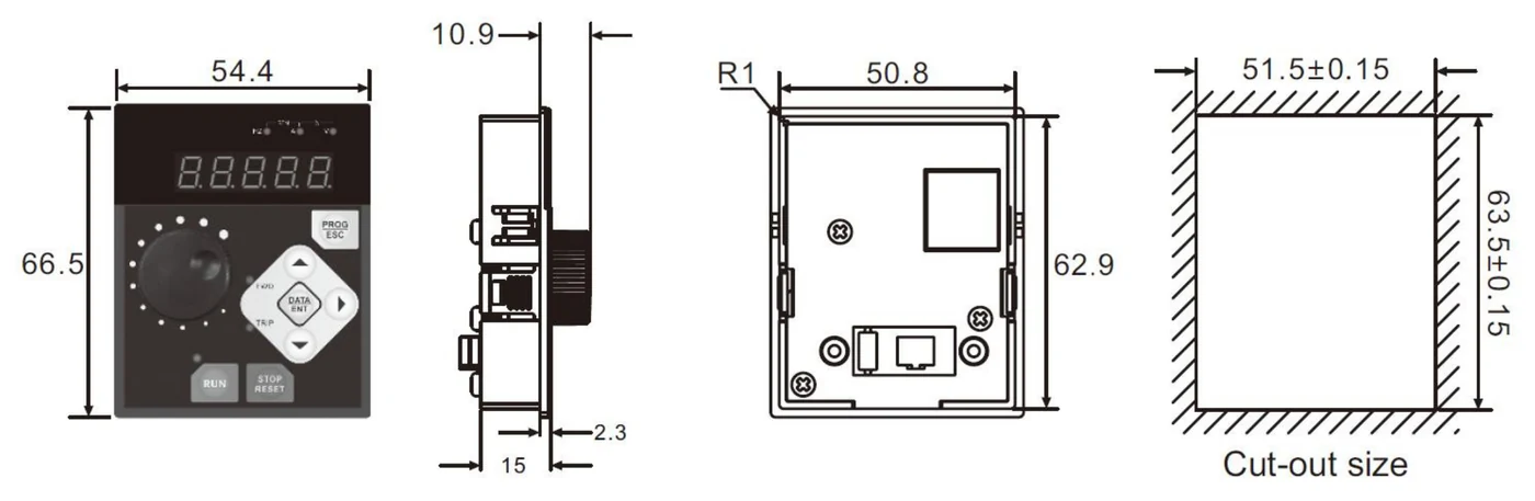 EL-OP-A2 — bản vẽ kích thước mặt trước, mặt bên, mặt sau và kích thước khoét lắp
