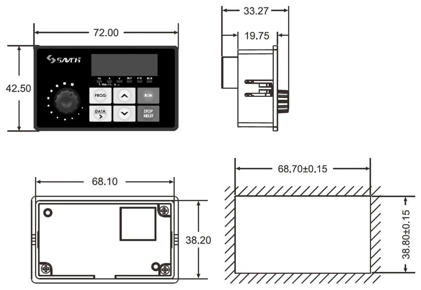 EL-OP-B2 — bản vẽ kích thước mặt trước, mặt bên, mặt sau và kích thước khoét lắp