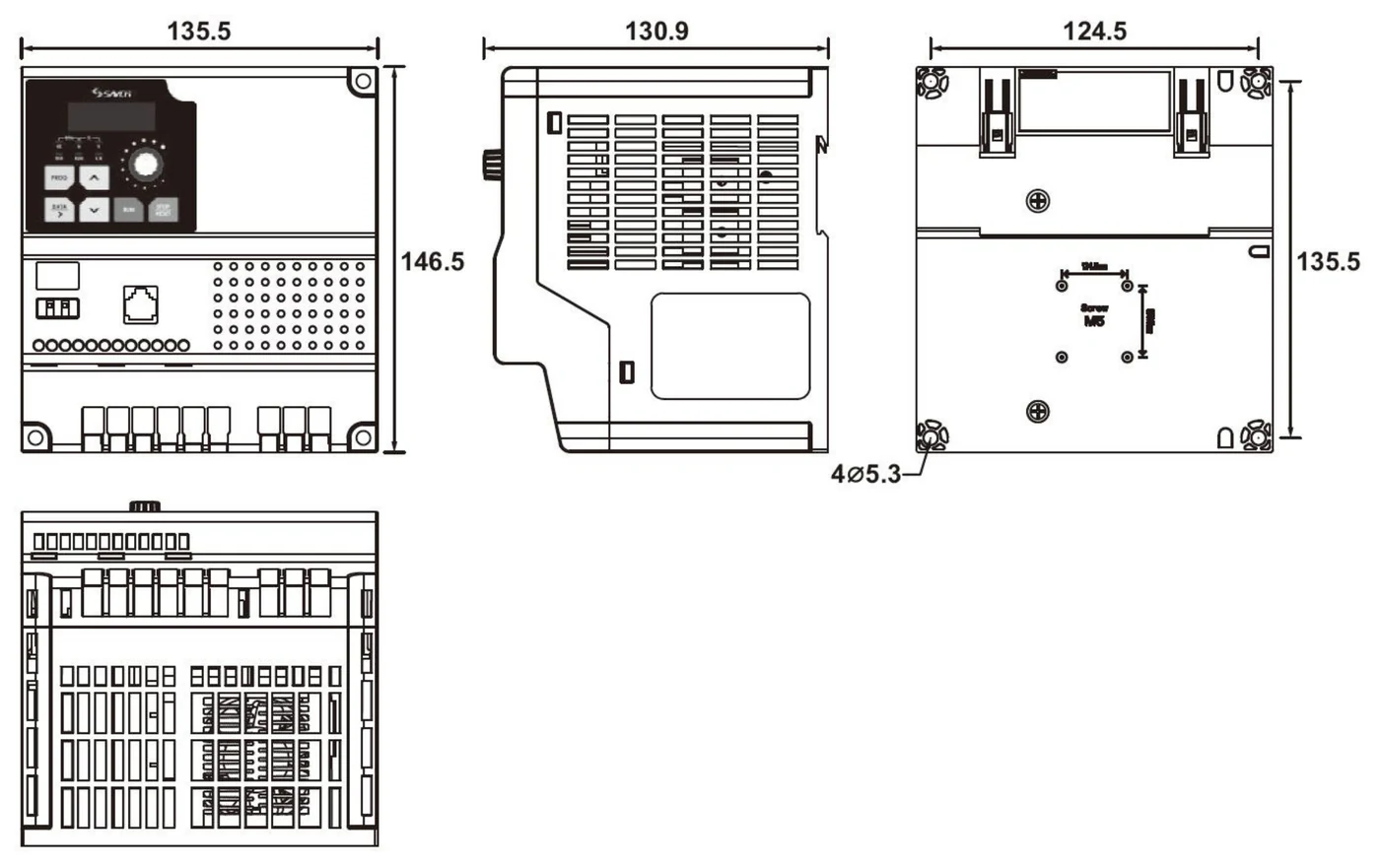 S600 Size 2 — bản vẽ kích thước mặt trước, mặt bên, mặt sau và mặt đáy