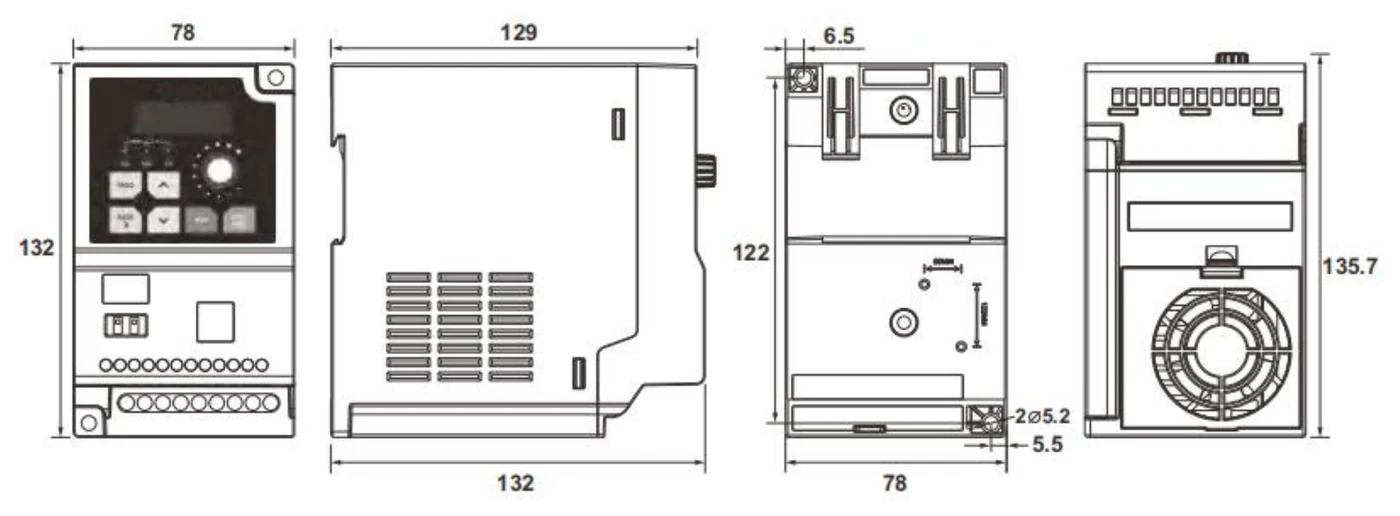 S600 Size 3 — bản vẽ kích thước mặt trước, mặt bên, mặt sau và mặt đáy có quạt