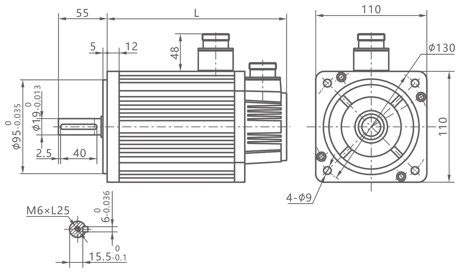 QS servo motor frame 110 mm — mặt bích 110 × 110 mm, trục Ø19, 4 lỗ Ø9, then M6×L25