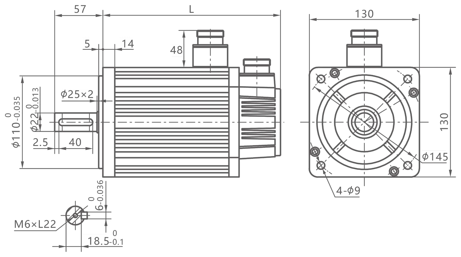 QS servo motor frame 130 mm — mặt bích 130 × 130 mm, trục Ø22, 4 lỗ Ø9, then M6×L22