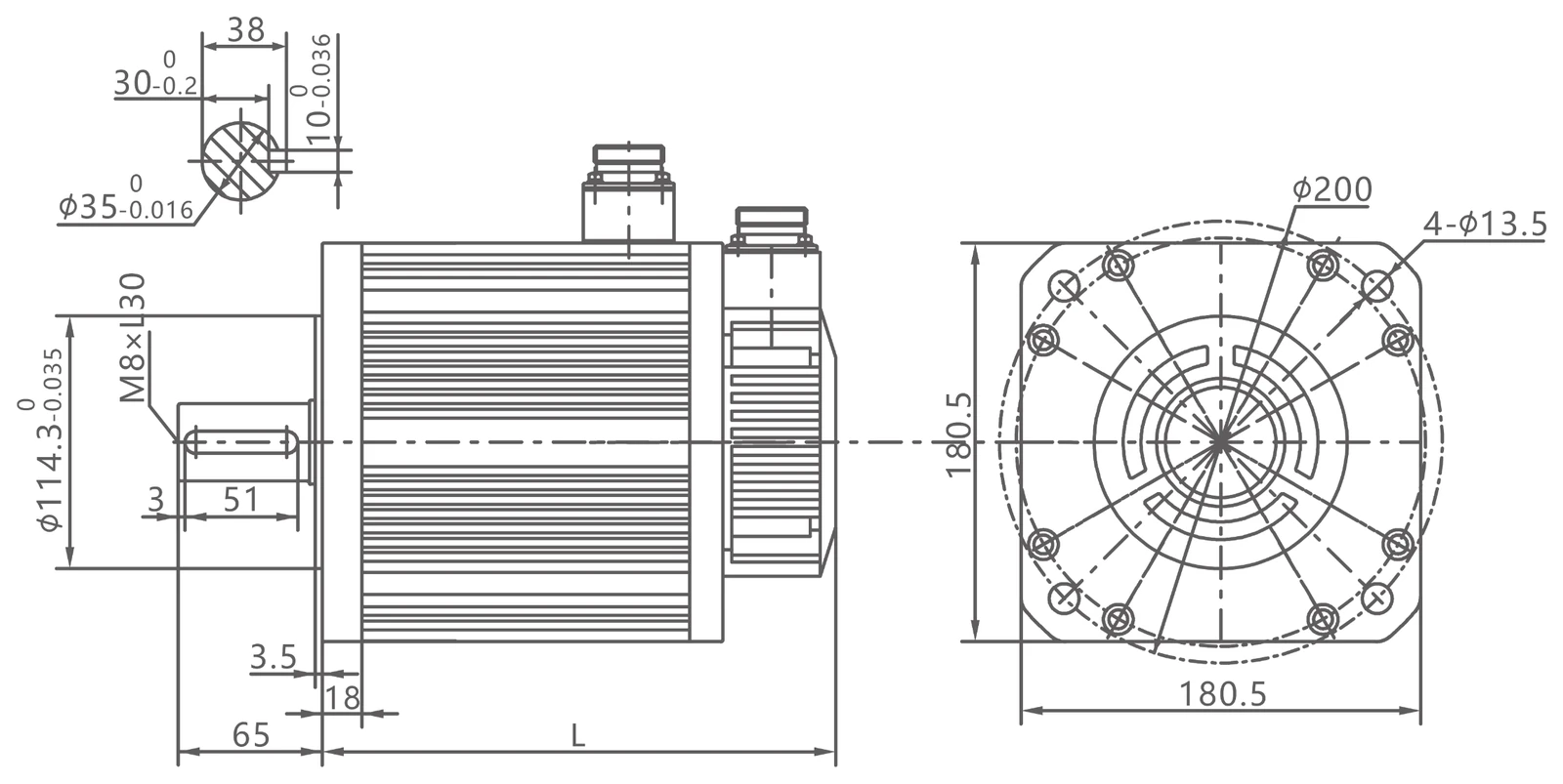 QS servo motor frame 180 mm — mặt bích 180.5 × 180.5 mm, trục Ø35, 4 lỗ Ø13.5, then M8×L30