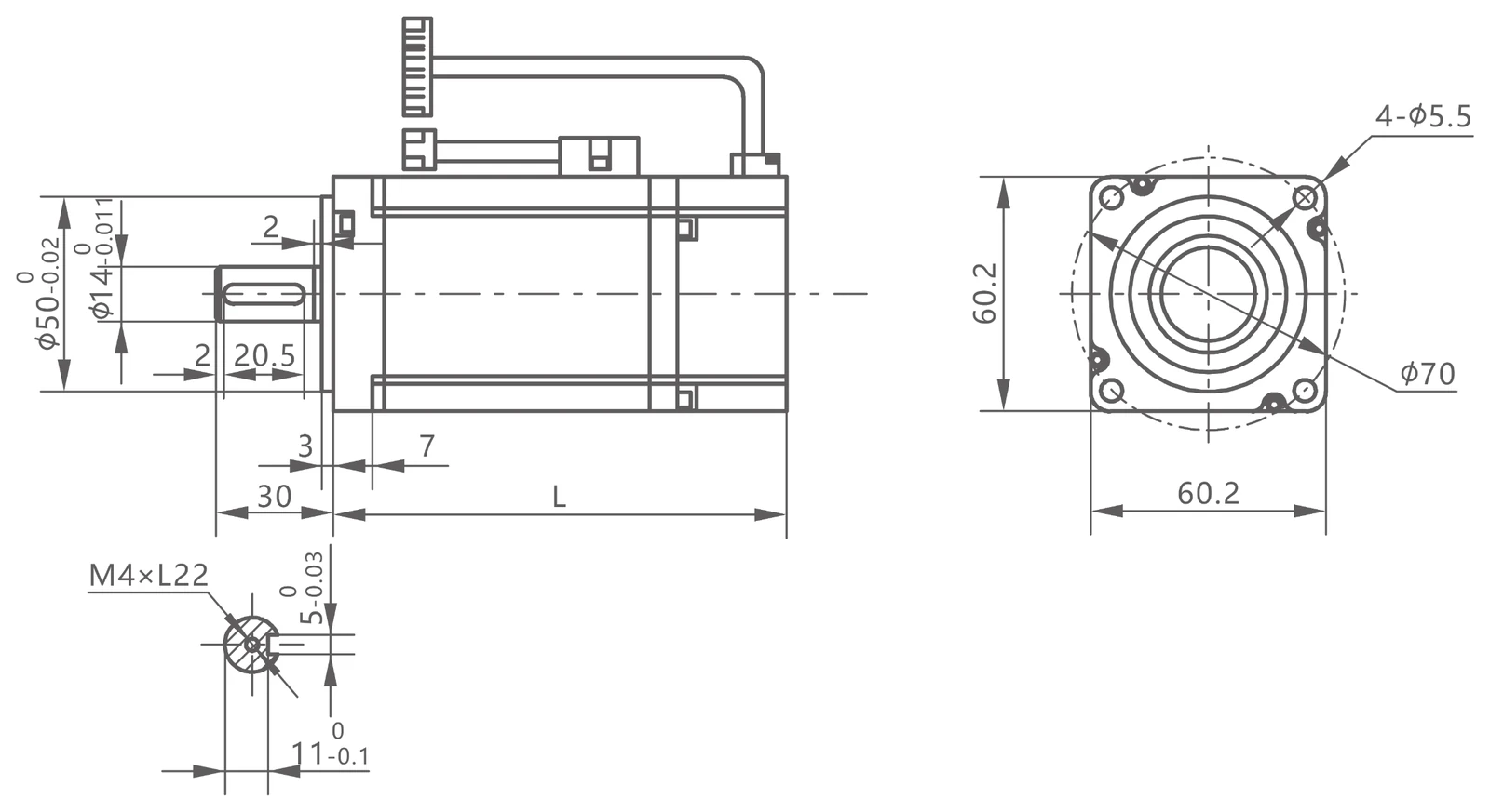 QS servo motor frame 60 mm — mặt bích 60.2 × 60.2 mm, trục Ø14, 4 lỗ Ø5.5, then M4×L22