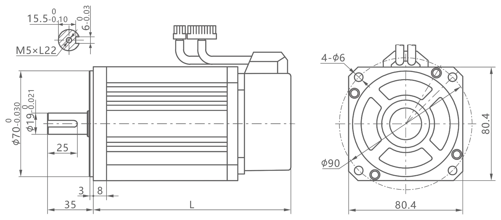 QS servo motor frame 80 mm — mặt bích 80.4 × 80.4 mm, trục Ø19, 4 lỗ Ø6, then M5×L22