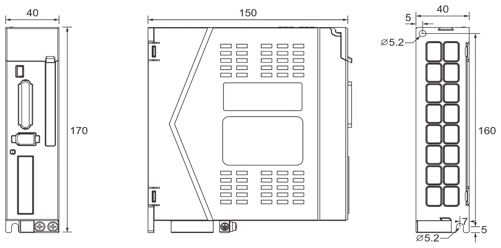 QS servo drive — Size 1 mounting dimensions: 40 wide, 170 high, 150 deep (mm)
