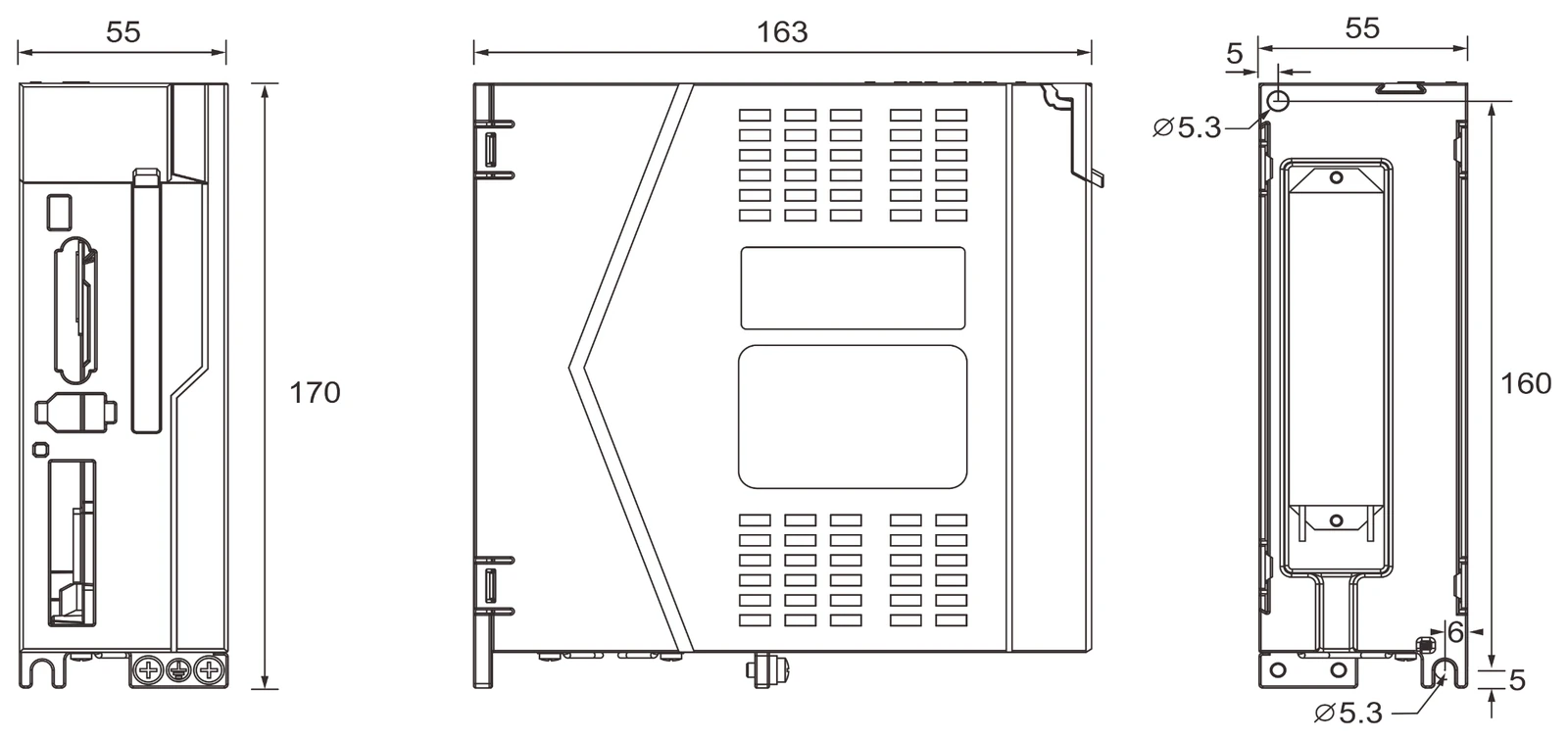 QS servo drive — Size 2 mounting dimensions: 55 wide, 170 high, 163 deep (mm)