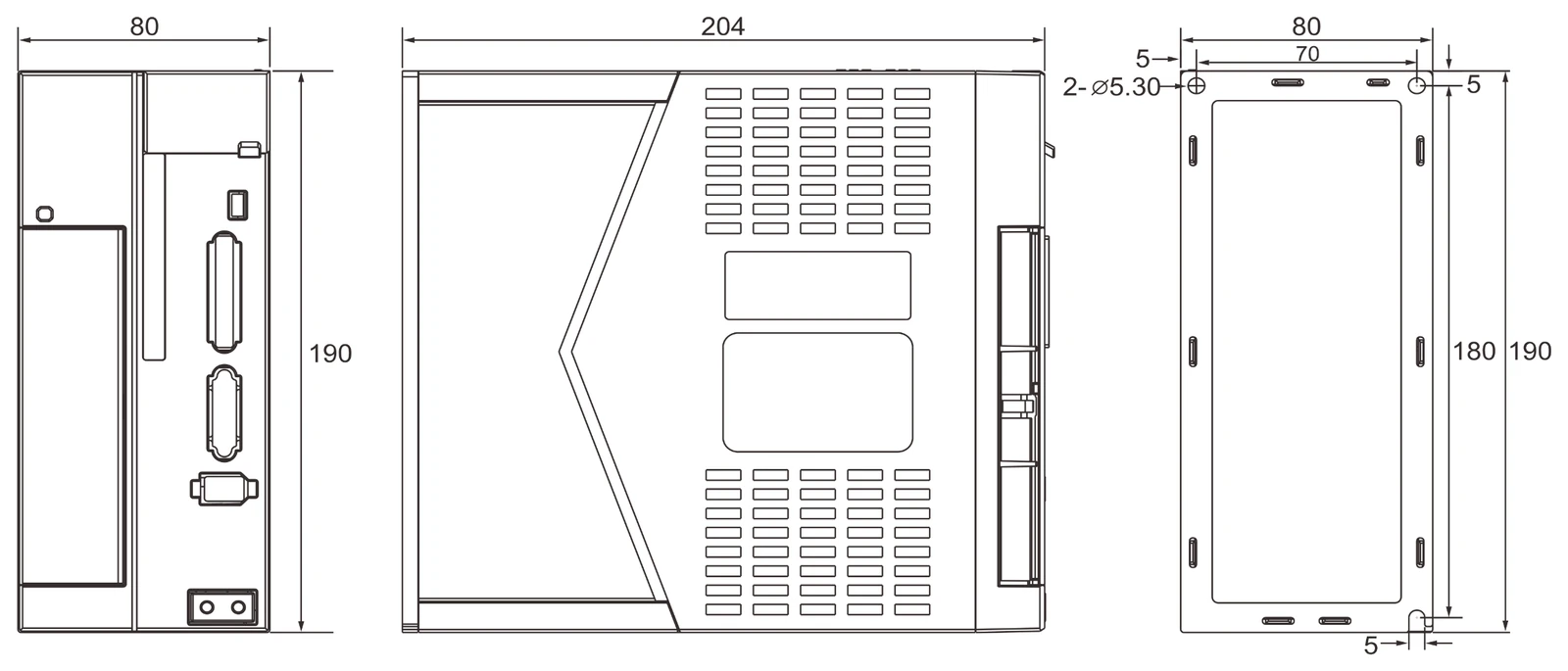 QS servo drive — Size 3 mounting dimensions: 80 wide, 190 high, 204 deep (mm)